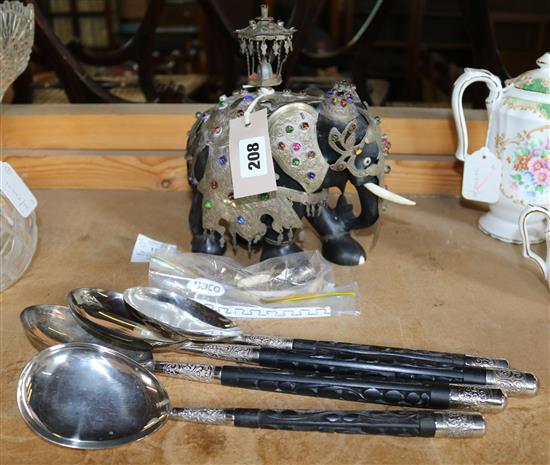 Sri Lankan mounted ebony model elephant and four similar spoons